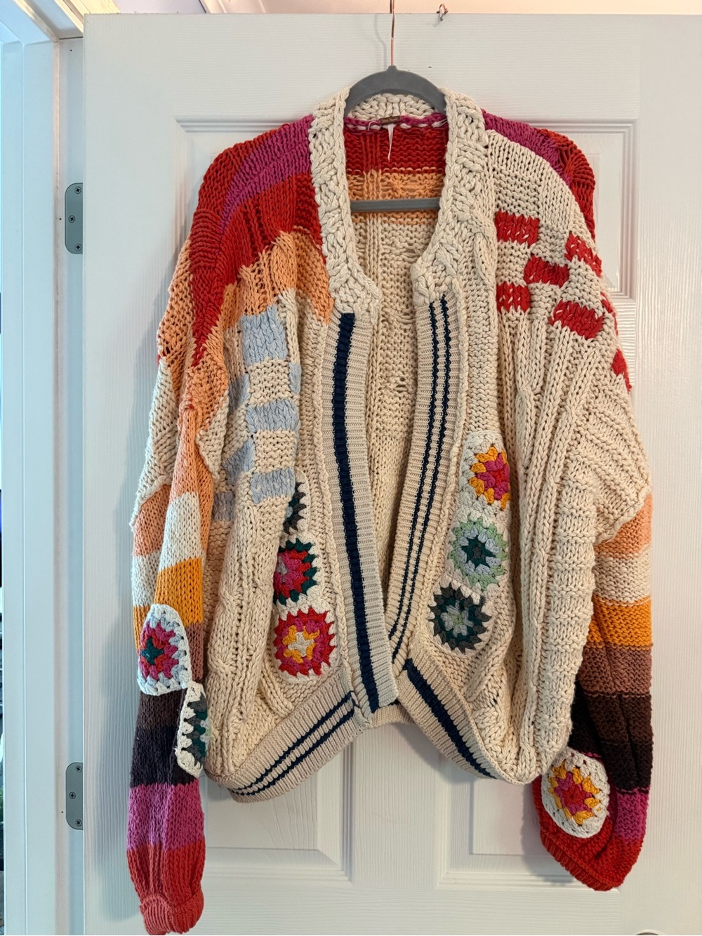 FREE PEOPLE Handcrafted Multi-Color Crochet Patch Cardigan Sweater - Cream Base